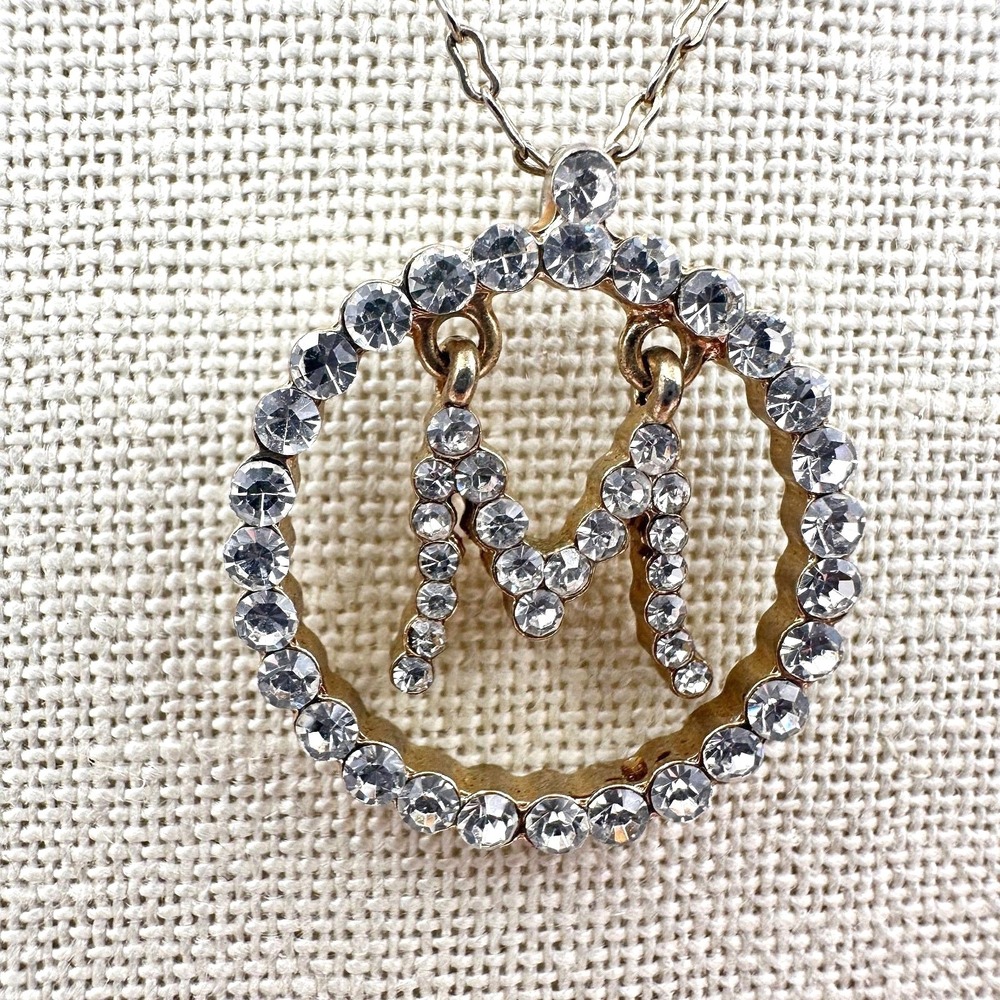 Vintage 90s Liz Claiborne Initial M Circle Pendant Necklace Gold Tone Rhinestone